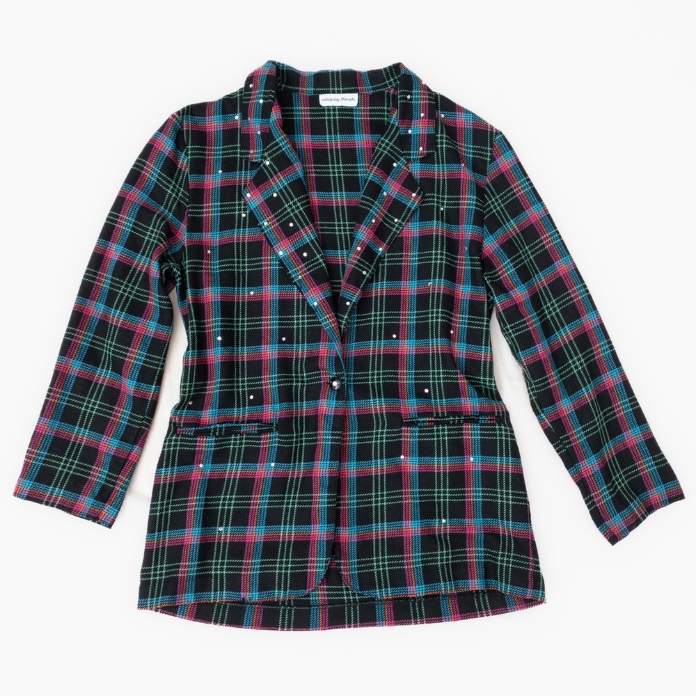 Vintage Black and Neon Plaid Shirt Jacket blazer